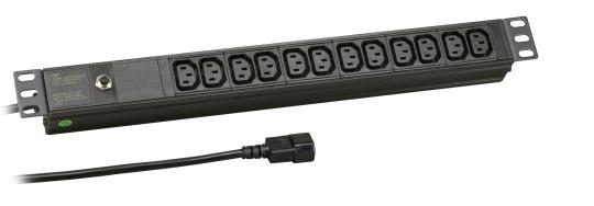 19“ 1HE Steckdosenleiste 12 x C13 Zuleitung C14, Überlastschutz 10A im Aluprofil, schwarz 