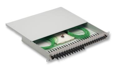 19"Spleißbox  1HE, tiefe 265mm, 12 fach  E2000/APC grün RDM  Kupplungen+ Pigtail  | 9/125 OS2 | 12x E2000/APC | 12x E2000/APC