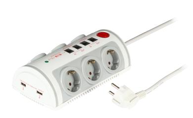 6-fach Steckdosenleiste mit Schalter, Überspannungsschutz, 2 x USB, 2 x RJ45, 2 x RJ11 